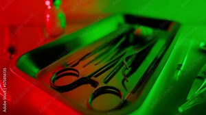 Medical instruments in steel tray on table for surgery. Preparing of surgical tools for a operation. Scalpels and forceps and tweezers. Surgery or emergency case and ambulance or treatment concept.