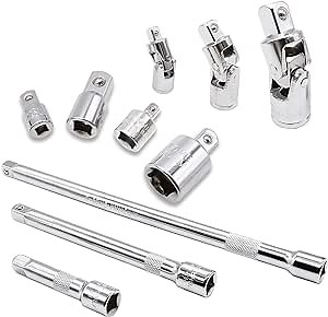 Dianrui 10PCS Chrome Vanadium Steel Socket Adapter Set includes Square Ratchet Socket Adapters, Universal Joints and Extensions for Car and Construction Work