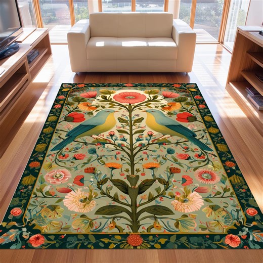 Floral Bird Rug: Coral Poppy Pattern, Teal Green Botanical Art, Vintage Style Decor - Etsy