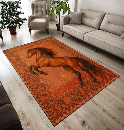 Vintage Horse Area Rug, Rustic Western Equestrian Carpet, Farmhouse Living Room