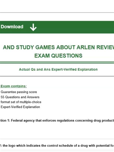 FREE AND STUDY GAMES ABOUT ARLEN REVIEW CH 3 EXAM QUESTIONS Actual Qs and Ans Expert-Verified Explanation This Exam contains: -Guarantee passing score -55 Questions and Answers -format set of multiple-choice -Expert-Verified Explanation Question 1: Federal agency that enforces regulations concerning drug products Answer: FDA Question 2: the logo which indicates the control schedule of a drug with potential for abuse Answer: controlled substance mark Question 3: in each state, pharmacists are lic