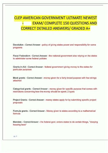 CLEP AMERICAN GOVERNMENT ULTIMATE NEWEST EXAM COMPLETE 150 QUESTIONS AND CORRECT DETAILED A new vide