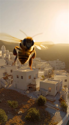 A 10-second ultra-cinematic hyper-realistic first-person POV from a honeybee, captured in one seamless continuous take. The video begins in extreme macro on a detailed architectural blueprint, where the bee takes off and transitions directly from concept into reality. The flight continues into a sunlit Greek-style white city, with smooth high-speed motion, strong depth, and immersive scale. The visual style features a fisheye macro lens, subtle Dutch angle, and realistic optical distortion. The 