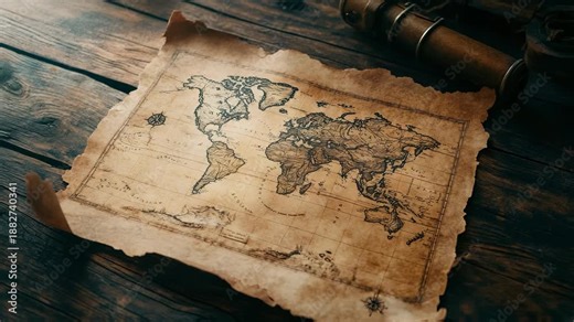 Antique World Map on Aged Parchment - Detailed Cartography, Exploration, and Historical Navigation Theme.