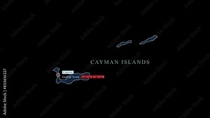 Stylized Cayman Islands map with George Town capital city and geographic coordinates on black background. Motion graphic vfx digital animation