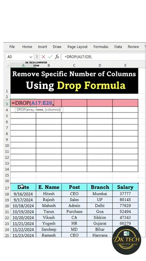 Remove Specific Number of Columns Using Drop Formula💯🚀 #Excel #shorts #fblifestyle #Microsoft #tipsandtricks | DK TECH Computer GYAN