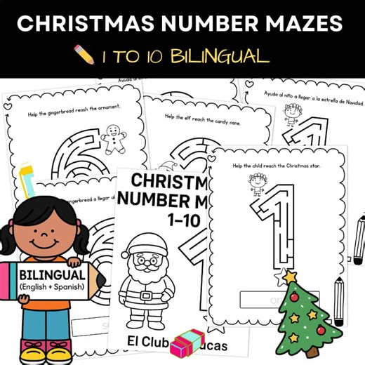 Christmas Number Mazes 1 to 10 Bilingual English and Spanish