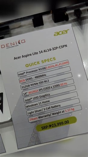 ACER Aspire Lite AL14-32P-C5PN Operating System:Windows 11 Home Processor: Intel® Celeron® N150 Graphics: Intel® UHD Graphics Display: 14" WUXGA IPS Memory: 8GB 4800MHz DDR5 Storage: 512GB M.2 PCIe NVMe SSD Screen Resolution: WUXGA 1920 x 1200 Number of Cells: 2-cell Li-ion battery #idenicosmcitydaet #acer #14inc #wuxga #budgetfriendly @SRP:PHP23,999.00 @SALE:PHP21,700.00 | Idenico - SM City Daet