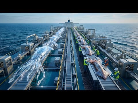 Inside the Modern Diamond Squid Factory: Massive Deep Sea Catch & Processing Line