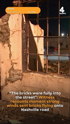 "The bricks were fully into the street": Strong winds on January 14 caused part of an old mechanic shop to collapse, sending bricks and concrete flying onto a Nashville road and hitting several cars during rush hour. The building was set to be demolished days later and crews worked for hours on January 15 to tear down the parts that remain and clean up rubble. https://tinyl.co/4DeM | WSMV 4, Nashville