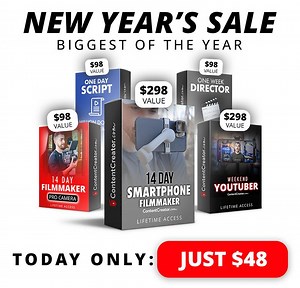 Save 90% on the largest bundle of content creation courses we’ve ever offered! Click below to get lifetime access 5 courses: 1️⃣ 14 Day Smartphone Filmmaker This program has helped 130,000 students learn to shoot & edit cinematic videos in a matter of days! You do not need to spend tons of money on expensive gear and editing software. We teach you EVERYTHING you need to know from the ground up using the phone you already own, free camera apps, and free editing apps! (works for both iphone and an