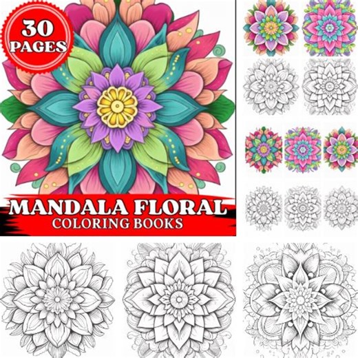 Mandala Floral Coloring Pages for Kids & Adults | Printable Flower Mandala Coloring Book | Relaxing Mindfulness Art - Etsy