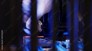 PC technician serves Modern motherboard close up. Upgrading computer mainboard for to a modern workstation. Rendering and gaming computer hardware components