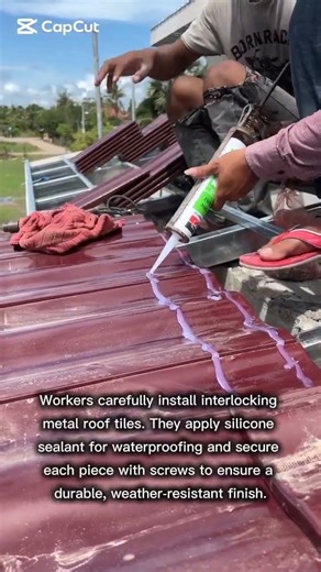 Installing Maroon Metal Roof Tiles With Sealant