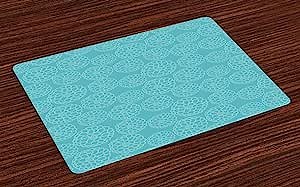 Lunarable Turquoise Flower Place Mats Set of 4, Continuous Pattern Chrysanthemum Like Floral Motifs Image, Washable Fabric Placemats for Dining Table, Standard Size, Dark Seafoam and Off White