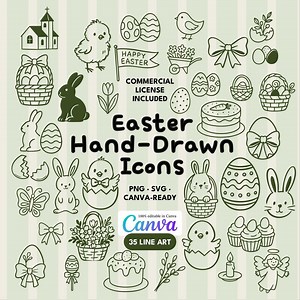 Easter Line Art Icons | 35 Hand-drawn Christian Clipart | Egg Bunny Basket SVG PNG | Editable in Canva - Etsy