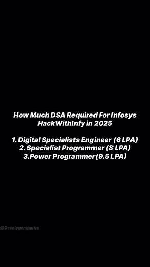 Developer Spark on Instagram: "How much DSA required for Infosys hackwithinfy 2025🚀 . . Follow @developersparks . . . . #coding #codinglife #codingisfun #codingbootcamp #codingmemes #software #softwareengineer #softwaredeveloper #softwaredevelopment #softwareengineering #softwaretesting #softwaredevelopers #softwarecompany #developer #developers #developerlife #development #infosys #hackwithinfy #explore #explorepage"
