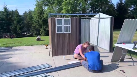 JAXPETY 10 x 10 ft Metal Storage Shed with Window & Lockable Double Door for Outdoor, Garden, Backyard, Tool Storage Use, Brown