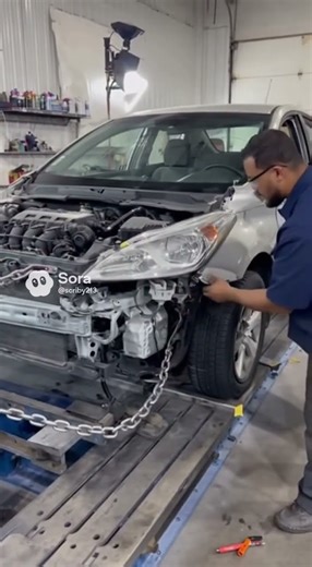 Car on frame rack being repaired