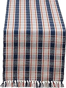DII Thanksgiving & Fall Table Decoration Autumn Farmhouse Plaid, Ribbed Table Runner, 13x72, Blue & Orange