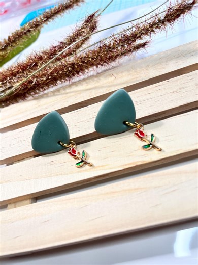 Triangle Earrings With Red Rose - Etsy