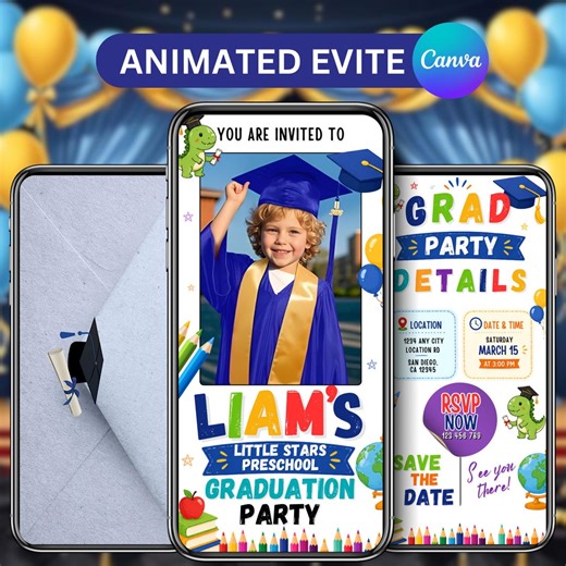 Blue Preschool Graduation Video Invitation, Pre-k Grad Digital Invites, Kids Editable Template, Graduation Evite, Instant Download - Etsy