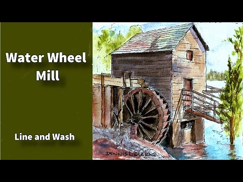 how to draw and paint a water wheel mill in line and wash