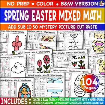 Spring Easter Mixed Add Sub 10 50 Elementary Cut Paste Color Game Picture Task