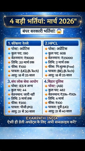 March 2026 Top 4 Government Jobs | Apply Before Deadline #hpcl #biharpolice #job #march #new #news