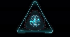 Blue digital brain logo and artificial intelligence (AI) concept with futuristic HUD triangle