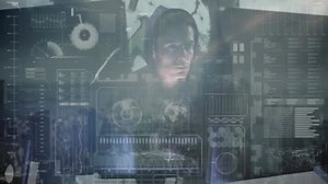 Animation Hooded Man Hacking Computer Data Processing Digital Information Flowing