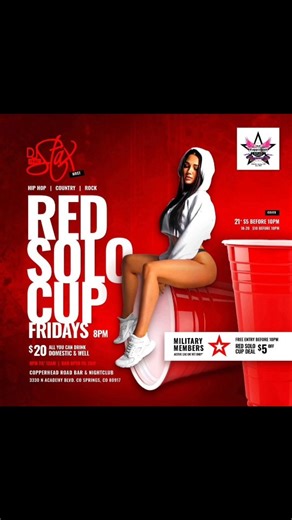 Disian Stax Schrodington on Instagram: "Red Solo Cup Fridays! $20 ALL YOU CAN DRINK Domestic & Well 8pm til 12am Copperhead Road Bar & Nightclub Country | Hip Hop | Rock 8pm Every Friday Cover: 21+ $5 before 10pm 18 - 20 $10 before 10pm Military Appreciation Discount Active CAC or Vet Only* FREE Entry before 10pm | $5 til' close Red Solo Cup Deal Discount $5 Off Cheap Drinks & Kitchen Open Late Line Dancing | Pool Tables | Giant Jenga | Beer Pong | Darts | Cornhole and so much more.... Two Main 