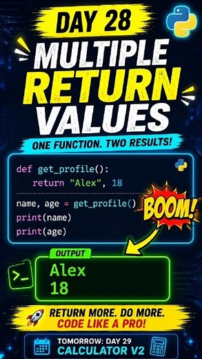 🐍 Day 28 LEARNING PYTHON: Multiple Return Values in Python #pythontutorial #Python #LearnPython