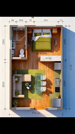 🌿A smart and space-saving 1-bedroom design combining living, dining, and kitchen in one open area, with a private bedroom and enclosed bath. Perfect for small lots, rental units, or minimalist living.💚 Overall size: 3.70m × 5.70m • Bedroom – approx. 2.50m × 3.00m • Living Area – approx. 2.50m × 2.83m • Kitchen/Dining – approx. 1.50m × 4.30m • Bathroom – approx. 1.30m × 2.26m #DreamHouse #1BedroomHome #SmallHouseDesign #FloorPlan🌿 📌For inspiration ideas only. 🏡ℂ𝕣𝕖𝕕𝕚𝕥 𝕥𝕠 ℝ𝕚𝕘𝕙𝕥𝕗𝕦�
