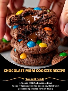 Chocolate 🌺 M&M Cookies Recipe Ingredients 1 ¾ cups (220g) all-purpose flour ¾ cup (70g) unsweetened cocoa powder (Dutch-processed preferred for rich flavor) 1 teaspoon baking soda ..... Full Recipe in Coʍmеոτ 💬 🎯️ | Mommy Needs A Recipe
