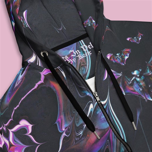 Dark Psychedelic Zip up Hoodie, Neon Swirl Halloween Streetwear, Iridescent Gothic Rave Jacket, Liquid Trippy Bat Hoodie - Etsy