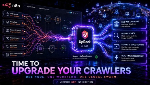 ⚙️ Attention n8n Builders: Time to Upgrade Your Crawlers.If you are running web scraping or data retrieval workflows on n8n, it is time to flip the switch. Stop relying on fragile datacenter proxies that get blocked every five minutes.Try UpRock.As a verified n8n integration, UpRock gives your workflows access to a global network of real devices for:→ Live Web Crawling→ Deep Research→ Semantic Video Search→ Real-Time Intelligence RetrievalNo more building separate stacks for crawling, research, 