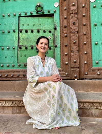 Hand Printed Peacock Feather Maxi Dress – Natural Cotton, Green, White, Pockets - Etsy