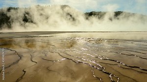 Yellowstone geyser flats steam texture walking pan 4K. Geyser Yellowstone in Wyoming, Montana and Idaho, USA. Geothermal geological environment ecosystem landscape. Biology geography and ecology. Stock Video