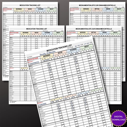 Medication Tracking Printable Set, Instant Download, English & German, Weekly Medication Log, A4 PDF - Etsy