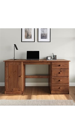 Desk Manager Made of Solid Wood, 145 x 73 x 54 cm, Oak Finish, Pine Desk with 4 Drawers and 1 Door Compartment, Home Office Table with Lots of Storage Space, Ideal for Office and Study