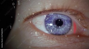 Eye scan for biometrics as digital ID, animation of binary code from scanning of blue iris Stock Video