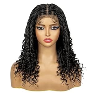 Synthetic Full Lace Knotless Braided Wigs with Curly Ends for Black Women Handmade Braiding Wigs with Baby Hair 16 inches Lace Frontal Braids Wig (1B Color)