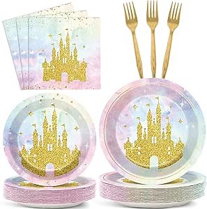 96Pcs Princess Castle Party Decorations Watercolor Pastel Rainbow Paper Plates and Napkins Gold Glitter Tableware Set Princess Plates for Girl Birthday Party Baby Shower Decoration Serve 24