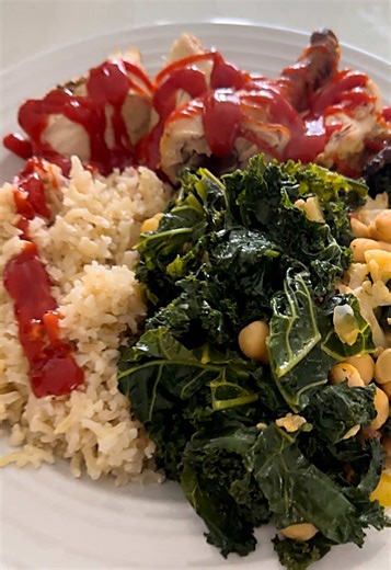 Healthy Baked Chicken and Brown Rice Recipe with Kale Salad