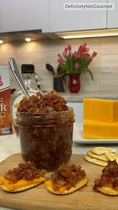 BACON JAM 🥓 1 lb Bacon 1 Onion 2 Shallots 2 Cloves Garlic 1/2 Cup Brown Sugar 1/4 Cup Maple Syrup 1/3 Cup ACV 1 Tsp Chili Powder Cook bacon until crispy in a pan over medium heat. Reserve about a tbsp of the bacon fat and chop bacon into small pieces. Finely dice onion and shallots, reduce heat to low and cook in bacon fat until caramelized. Stir in garlic, brown sugar, maple syrup, apple cider vinegar, chili powder and bacon. Cook until thickened and reduced. Store in a jar and serve with crac