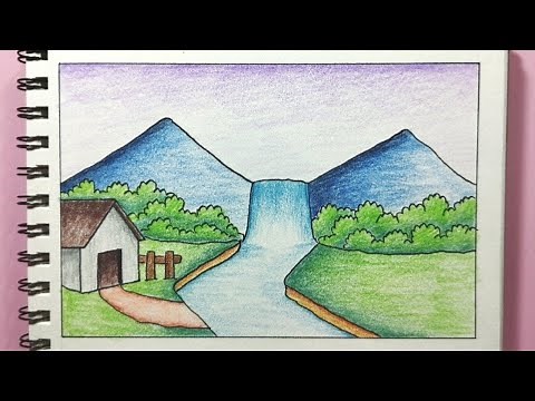 Menggambar pemandangan air terjun dan gunung - How to draw simple scenery
