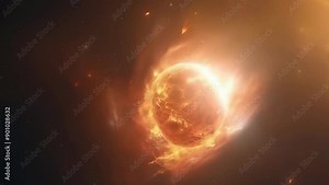 A bright orange sun showcasing an intense solar eruption, casting fiery flares against a dark, vast space. The energy and powerful forces of the sun are vividly visible, illuminating the surrounding
