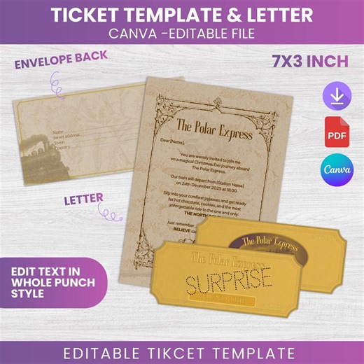 Editable Christmas Train Ticket & Letter, Golden Surprise (canva, PDF) - Etsy