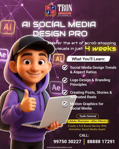 TRON - Animation | VFX | Metaverse on Instagram: "🚀 Upgrade your design game in just 4 weeks! Become an AI Social Media Design Pro and create scroll-stopping content that actually gets results. ✨ Learn trends, branding, reels, motion graphics & more! 👉 Admissions Open – DM to Enroll! #SocialMediaDesign #AIDesign #GraphicDesignCourse #MotionGraphics #LearnWithTron #DesignSkills #ReelsEditing #BrandingDesign"